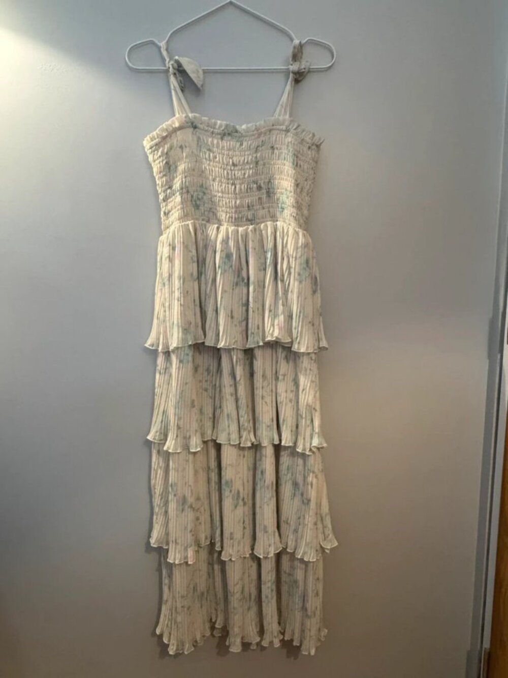 GANNI Floral Printed Pleated Strap Midi Dress Cream & Multi S